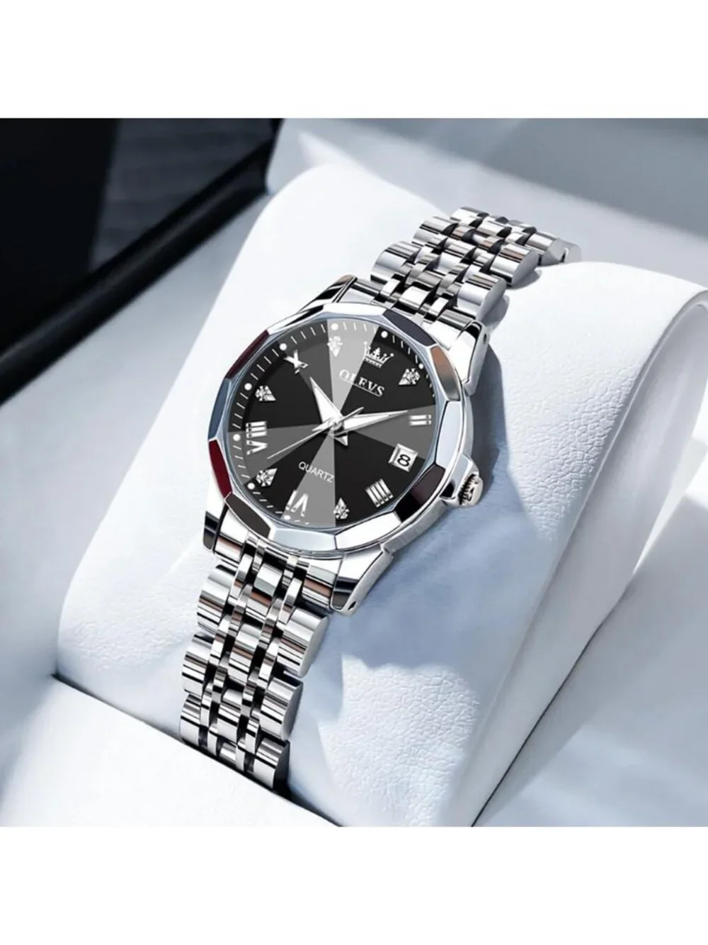 Women’s Black White Luxury Stainless Steel Waterproof Quartz Analog Dress Watch